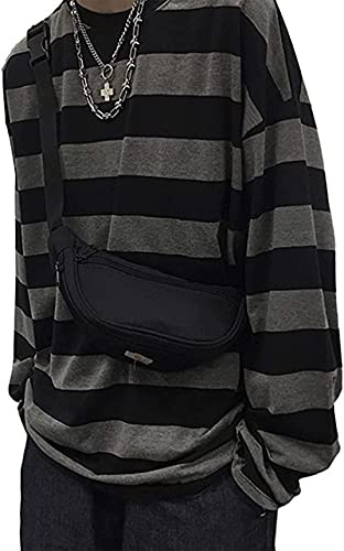 Damen Harajuku Überdimensioniert Streifen Lässig Lange Ärmel Crewneck T-Shirt Tops,Grau,Size M