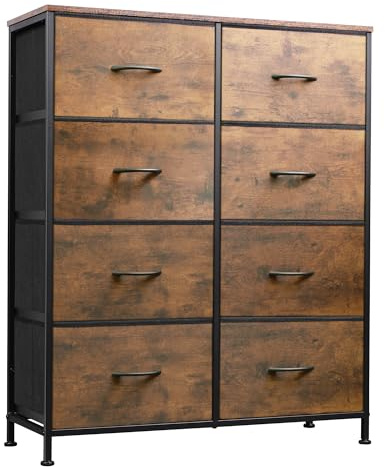WLIVE Fabric Dresser for Bedroom, Tall Dresser with 8 Drawers, Storage Tower with Fabric Bins, Double Dressers, Chest of Drawers for Closet, Living Room, Hallway, Dorm, Rustic Brown Wood Grain Print
