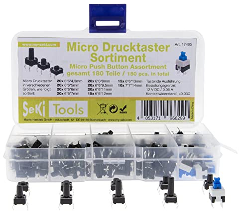 SeKi 17465 - Micropulsador (4 pines, 180 piezas, 10 diferentes dimensiones, botón pulsador, interruptor de presión)