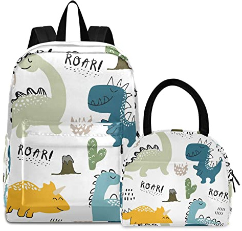 Kinderrucksack mit handgezeichnetem Dinosaurier, Schulrucksack-Set für Jungen und Mädchen, Kinderrucksack mit Lunchbox-Tasche, Schulrucksack-Set für Jugendliche und Kinder, Mehrfarbig 1, Einheitsgröße