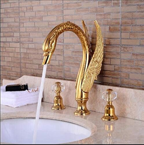 TAOZUYING Faucet Deck Mounted Bathroom Faucet Swan Spout Sink Mixer Tap Golden Brass 3 Holes Basin Faucet-Gold Style 2 marriage