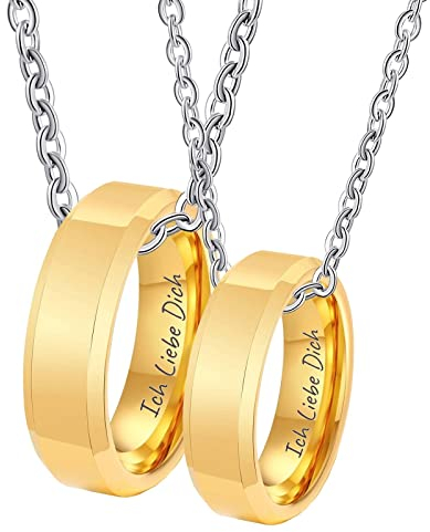 KnSam Paar Ketten Set aus Wolfram, 6MM Ring Anhänger Poliert Gravur Ich Liebe Dich Partner Kette Gravur 2pcs, Gold, Damen 54 Herren 62, 60cm & 50CM Länge