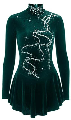 JRUIA Eiskunstlauf Kleid Für Mädchen/Damen Langärmlige Blaue Samt Ballettröcke Eislauf Wettkampf Eislaufbekleidung Gymnastik Performance Trikots,C,M