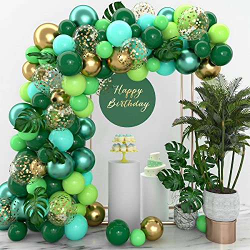 Kit Arche Ballon Jungle Vert, 145Pcs Guirlande Décoration Forêt Safari Vert Or avec Feuille de Palmier Tropical, Confetti Gold pour Fête à Thème Dinosaure, Anniversaire Fille Garçon, Hawaiian Party