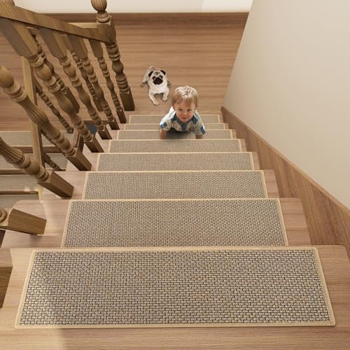 Stair Treads Carpet 7 pcs for Wooden Steps with Non Slip Rubber Backing, 100% Polyester Soft Stairs Resistant Indoor Skid Runner Safety Rugs for Kids Elders and Pets 30 * 8 (Brown)