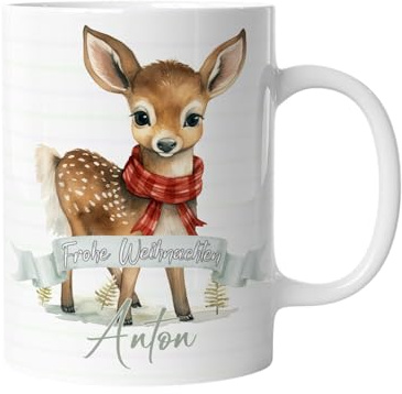 timalo® Tasse personalisiert mit Namen Geschenk „Frohe Weihnachten“ Kaffeetasse Jungen und Mädchen | Reh-1
