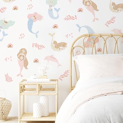 Mica-Mica Wandtattoo Kinderzimmer Mädchen - Meerjungfrauen Pastell | Hochwertige Stoff-Wandtattoos | 100% PVC-frei | Wanddeko, Wandaufkleber & Wandsticker | Deko fürs Babyzimmer Grösse: XL