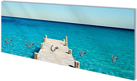 Wallario Wandgarderobe aus Glas in Größe 80 x 30 cm mit Memoboard-Funktion, Motiv: Steg am tropischen Meer | 5 Kleiderhaken zum Aufhängen von Jacken