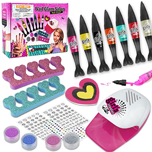 STAY GENT Juego de esmaltes de uñas para niños con secadora, kit real de 18 piezas para maquillaje de niñas, juegos de esmalte lavables, regalos para niñas de 3 a 12 años de edad
