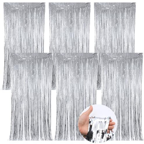 ZOCONE 6 Pack Oropel Metálico Cortina Cumpleaños Plata 2m*1m Cortinas Fiesta Decoracion Brillantes Cortina Flecos Cumpleaños Fiesta Cortinas Decorativas para Fiestas Bodas Festivales