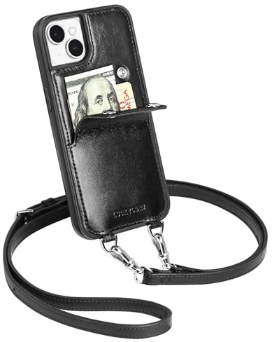 LUCKYCOIN Crossbody Wallet Phone Case for iPhone 15 Plus, 100% Genuine Leather Phone Purse with Card Holder for Women, Drop Protection, Adjustable & Removable Shoulder Strap, Retro Black