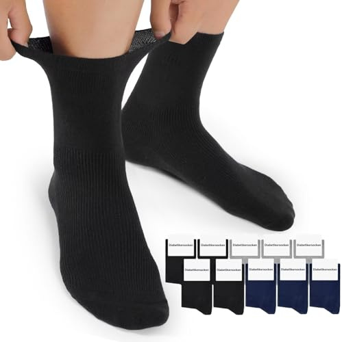 Mowenti Calzini per Diabetici Uomo Donna Cotone Extra Larghi Senza Elastico Senza Cucitura Calze 10 Paia Classici Antitraspirante Sanitari Caviglie Gonfie Nero Grigio Blu 35-38