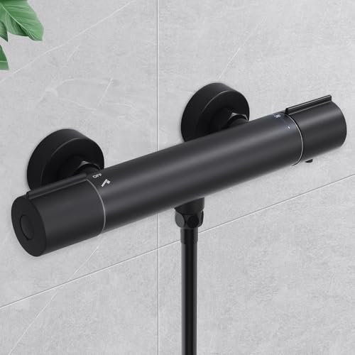 HOMELODY Shower Faucet with Thermostat Black - Surface-Mounted Shower Mixer Tap with Safety Knob at 38 °C - Thermostatic Shower Mixer Tap Stainless Steel