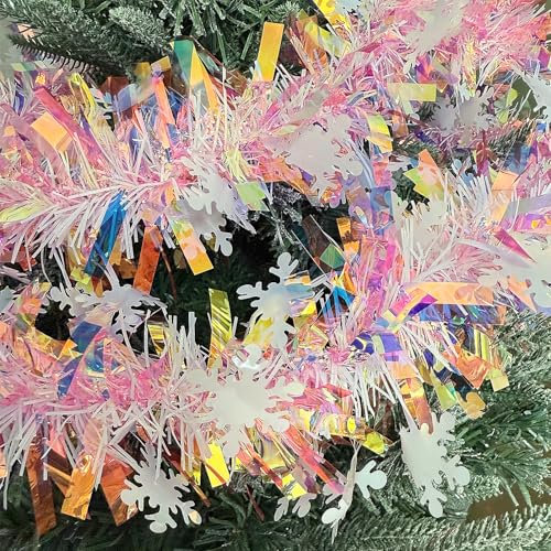 10m Pink Christmas Snowflake Tinsel Garland, 32.8ft Iridescent Shinny Metallic Tinsel Twist Garland for Christmas Tree Stairs Fireplace Ceiling Hanging Decoration Wedding Birthday Party Supplies
