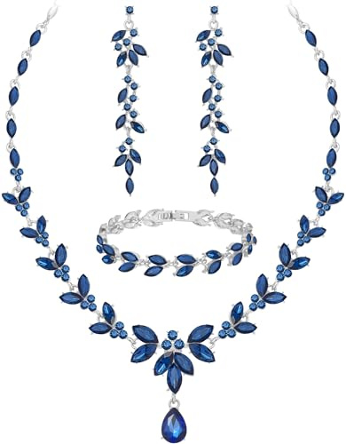 Paxuan Wedding Jewelry Sets for Bride Bridesmaid Bridal Jewelry Set for Women Wedding Crystal Necklace Earrings Bracelet Set for Party Prom Jewelry (Sapphire Blue - Silver)