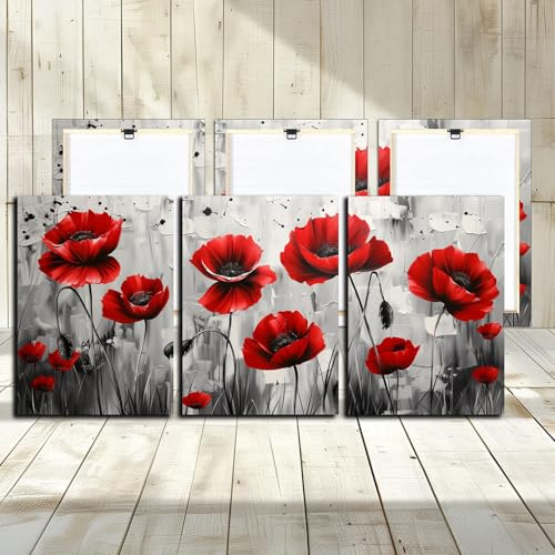 Red Flowers Canvas Wall Art - 3 Panels Abstract Nice Flowers Landscape Autumn Picture for Living Room Decorative Woodern Framed Print Artwork Ready to Hang Bathroom Wall Decor 12x16inch 3PCS
