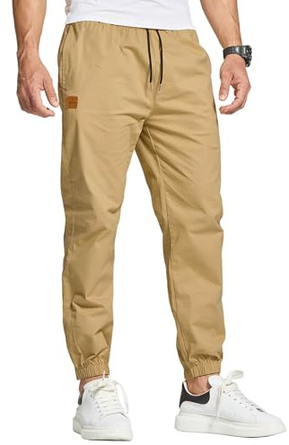 JustSun Mens Casual Chinos Trousers Joggers Elasticated Waist Trousers for Men Cotton Pants Gym Sports Tracksuit Bottoms Drawstring Sweatpants with Pockets Khaki M