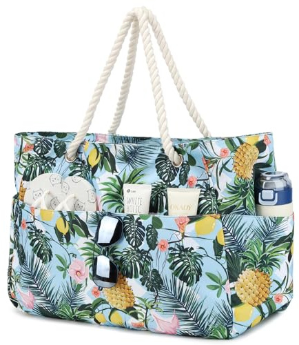 Suweir Borsa Mare Donna Grande XXL Famiglia Borsa da Spiaggia con Cerniera e tasca Impermeabile Borsa da Mare Beach Bag Shopping Borsa Tote Bag per Spiaggia Viaggio Piscina Vacanze (Ananas)