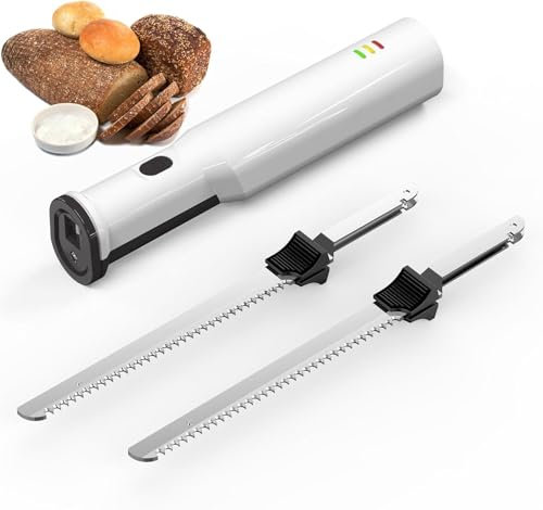 Coltello Elettrico da Intaglio Coltello Elettrico da Pane, Ricaricabile a Batteria con 2 Lame - 8 in Acciaio Inox seghettato, Blocco di Sicurezza per Carne, pollame, Tacchino, prosciutto, Roast Beef
