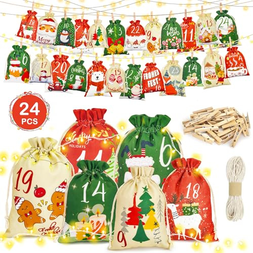 TINA 2025 Adventskalender zum Befüllen Stoff mit 2 LED-Lichterkette, 24 Adventskalender Säckchen Selber Befüllen, 2 Größen DIY Weihnachtskalender Beutel Tüten, Weihnachtsdeko für Frauen Kinder