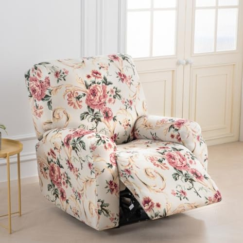 Highdi Sesselschoner für Relaxsessel, 4-teiliges Weich Elegante Drucke Stretch-Sofabezug 1 Sitzer Sesselbezug Fernsehsessel Ruhesessel Bezug für Relaxsessel mit Liegefunktion (Rosa Blumen)
