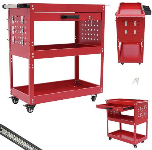 DHQCQL Carro de herramientas con 3 compartimentos, vacío, con cajones y llaves, armario de herramientas móvil de metal para talleres, garajes, almacenes, hasta 250 kg (rojo)