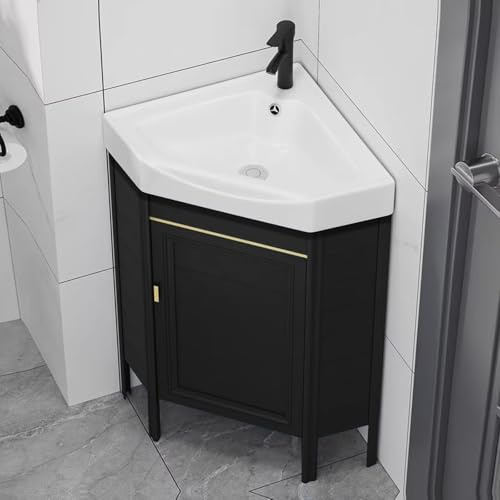 Kompaktes schwarzes Eckwaschbecken für Badezimmer, bodenstehendes Keramikwaschbecken für kleine Räume, stilvoller 17-Zoll-Waschtisch für Badezimmer – perfekt für begrenzte Bereiche