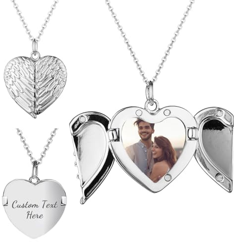 AAQ Personalised Photo Locket Necklace - Custom Text Photo Engraved Necklace, Engraving Jewellery Gifts for Women Family Lovers (Wings Style 2)