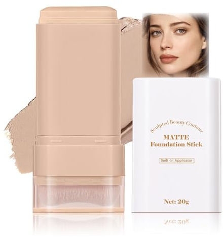 2-in-1 Matte Foundation Stick with Built-in Brush – Waterproof Long-Lasting Full Coverage Cream Concealer & Brightening Face Tint for Smooth, Even Skin Tone (Nature)