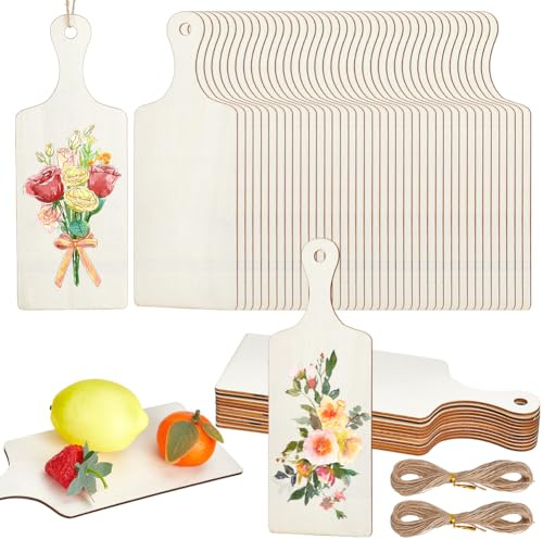 PH PandaHall 40pcs mini Planche à Découper en Bois avec Poignée 24x8.9cm Mini Planche à Découper Planches Brutes avec 20m Cordon de Jute pour Décoration de Cuisine DIY Thanksgiving Noël