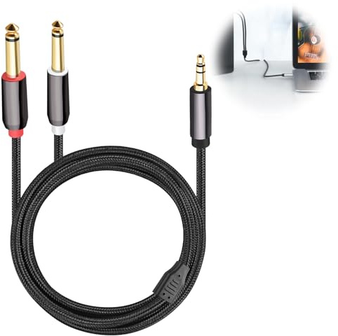 Cavo Audio 3.5mm a Doppio 6.35mm, Cavo Jack 3.5 to Jack 6.3, Jack TRS Maschio a 2× 6.35 mm Maschio, Splitter Stereo per Collegare Smartphone PC Tablet a Mixer Amplificatori Altoparlanti Chitarra, 1.8M