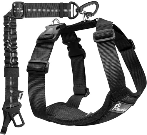 Pawaboo Dog Seat Belt Harness for Car, Dog Car Harness Seatbelt with Double Clips, Adjustable Breathable Pet Vest & Dogs Safety Tether with Elastic Bungee for Small Medium Large Pet, XL, Black