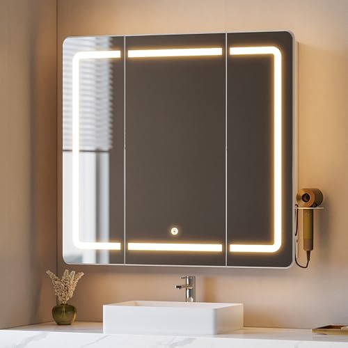 Hzuaneri Bathroom Mirror Cabinet with Led Light, Touch Control, Illuminated Mirror Wall Cabinet with Hair Dryer Holder and Hooks, 3 Colour Dimmable, 70 x 60 cm, White, MC30003XUK