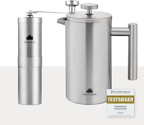 Groenenberg Pack ahorro 1 | Cafetera francesa 600ml + Molinillo de café manual | Prensa francesa (acero inox) con filtros de repuesto