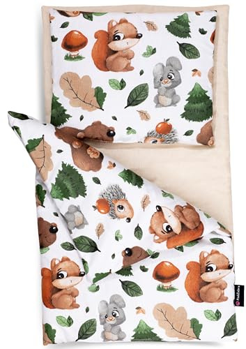 PinkZebra 3er Set Puppenbettwäsche für Puppenbett, Puppenbettzeug 3-teilig, Decke + Kissen + Matratze, aus Baumwolle für Puppen bis 43 cm, ÖKO-TEX STANDART 100, Waldabenteuer 1