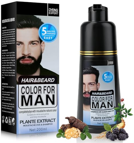 Men's Beard & Moustache Black Dye, Instant Color 100% Grey Hair Coverage for Beard, Mustache & Hair in 5 Minutes, 3 in 1 Beard Dye, Shampoo & Conditioner for a Thicker Fuller & Natural Looking, 200ML