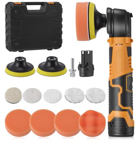 Akku Poliermaschine set mit 2 * 8cm Polierteller, Mini Polierer Auto 3000RPM mit 12V 2,0Ah Batterie 25mm/75mm Polierteller,Autopoliermaschine klein zum Polieren von Auto