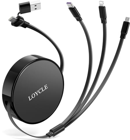 LOYCLE 6 in 1 Multi Charger Cable Retractable USB C Cable 1.1m Fast Charging – Up to 66W PD Works with 100W PD Adapter Universal Multi Device Charger for Car and Travel
