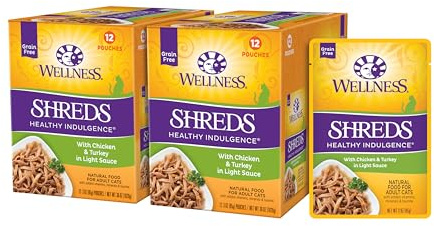 Wellness Healthy Indulgence Shreds Adult Wet Cat Food, Natural, Protein Rich, Grain Free, Chicken and Turkey Recipe, 3 oz, Pack of 24 Pouches