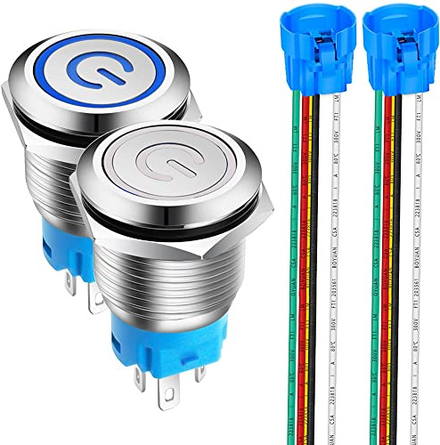 Gebildet 2Stücke 19mm Edelstahl Latching Drucktastenschalter 12V-24V 5A Power Symbol LED 1NO1NC SPDT ON Off Wasserdichter Nicht-Momentan Kippschalter mit Steckdose Stecker (Blau + Weiß LED)