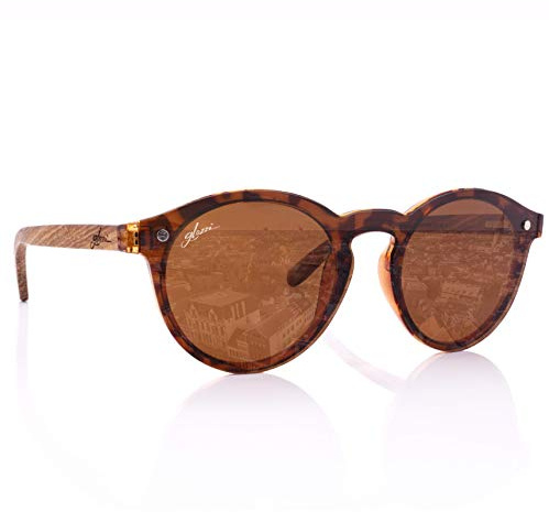 glozzi Sonnenbrille Damen Holz Polarisiert UV400 Rund mit Holzbügeln und Brillenetui aus Kork