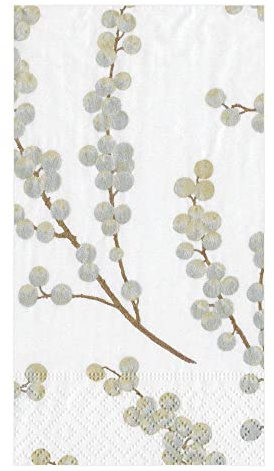 Caspari Berry Branches Paper Guest Towel Napkins in White & Silver - Two Packs of 15