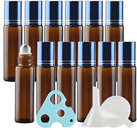 ZEOABSY Ambra Vetro Essential oil Roller Bottiglie con Tappo di Blu, Sfere in Acciaio Inox, Marrone 10 ml 24 Pezzi Roll-On Bottiglietta per Aromaterapia, Fragranza + 1x Opener, 3x imbuto