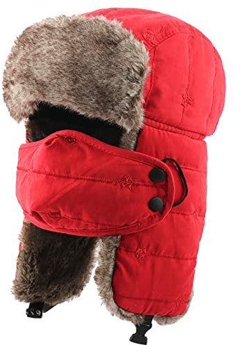 SJASD Unisex Fliegermütze Warm Wintermütze Pilotenmütze mit Ohrenklappen,Russische Mütze Bomber Mützen Skimütze Fellmütze für Outdoor Radfahren Skifahren,Rot,L(55~61cm)