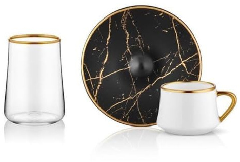 Espresso-/Mokka-Tasse (weiß mit Goldverzierung) und Untertasse (schwarz mit Goldverzierung) aus Porzellan + kleine Wassergläser mit Goldrand 18-teilig
