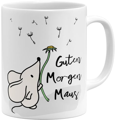 OM3® Guten Morgen Maus Kaffee-Tasse mit Spruch - Süßes Mäuschen mit Pusteblume - Keramik Becher - 325ml - Beidseitig Bedruckt - Weiss