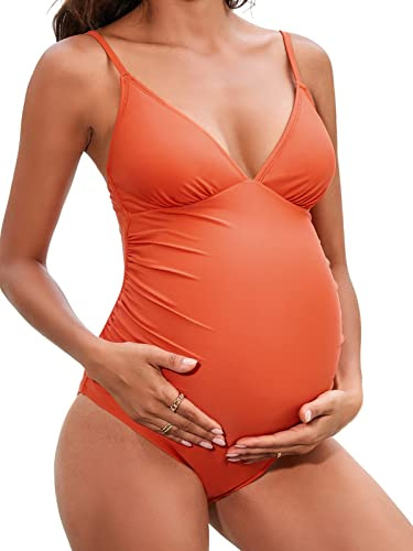 CUPSHE Maillot de bain de maternité pour femme - Maillot de bain une pièce - Maillots de bain pour la grossesse - Bretelles spaghetti - Volants ajustables, Orange, S