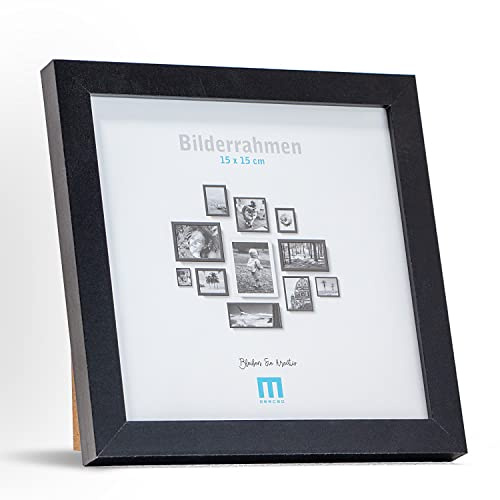 Cadre photo moderne et intemporel en MDF noir pour petites photos 15 x 15 cm avec verre acrylique Il convient comme support de table ou à poser au mur en format
