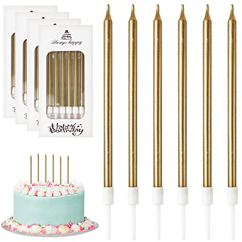 DONQL Birthday Cake Candles 24PCS, Tall Cake Candles, Long Birthday Candles, Thin Cupcake Candles with Holders for Birthday Cake Baby Shower Cake Wedding Party Decoration (24Pcs Champagne)