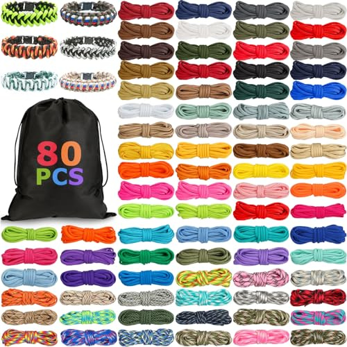Riakrum 80 Pcs Paracord 550, 10ft Each Multifunction Paracord Ropes Combo Crafting Kits with Drawstring Bag for Making Lanyard Bracelet Dog Collar Idea for Gift Beginner DIY Supplies(Fresh Color)